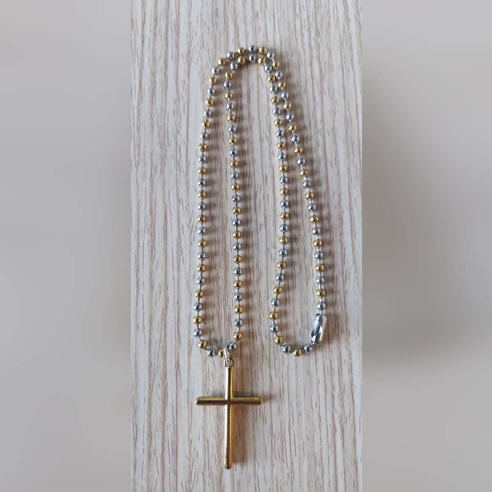 Stainless Steel Two Tone Necklace with Cross Pendant